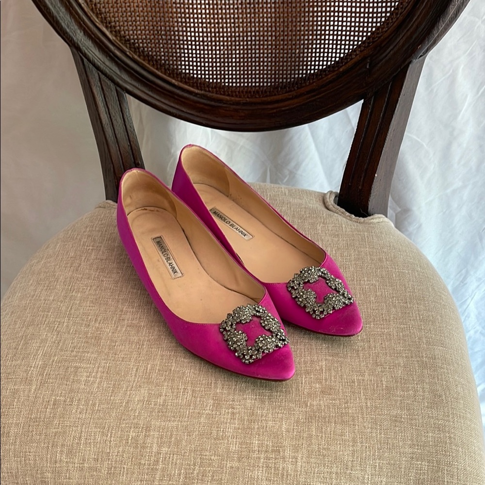 Manolo Blahnik Fuchsia Hangisi Flats with Crystal Buckle